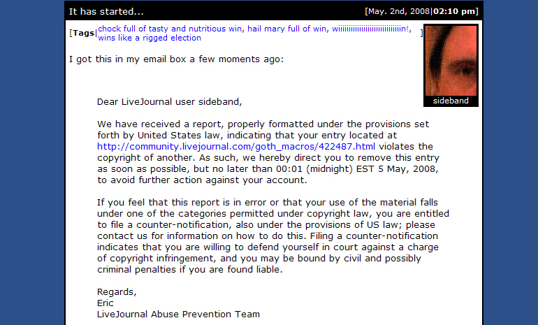 frame | This is the e-mail to a member of goth_macros from the LJ Abuse team, in regards to livejournals harpooning and fishing laws.