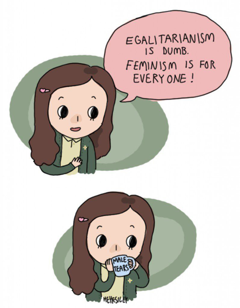 HeHeSilly Comics - Egalitarianism Bashing Feminist Drinks From A Very Fancy Mug.JPG