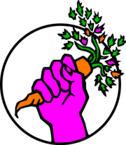 The Food Not Bombs logo, a hand covered in purple latex holding a plumed buttplug