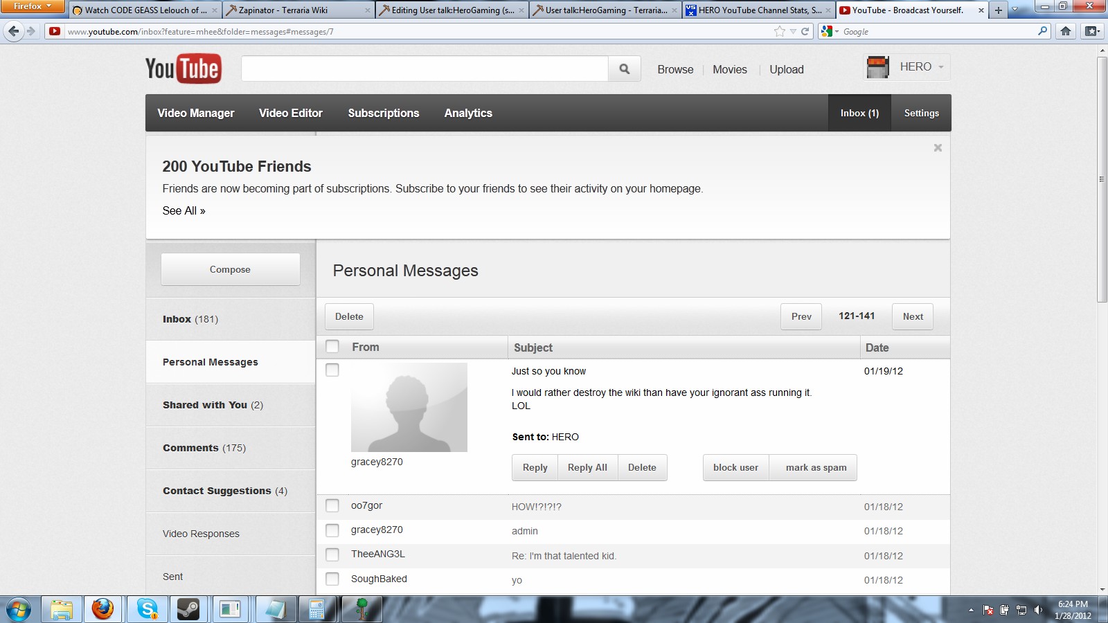 He posted this message saying [[sockpuppet|Gracey