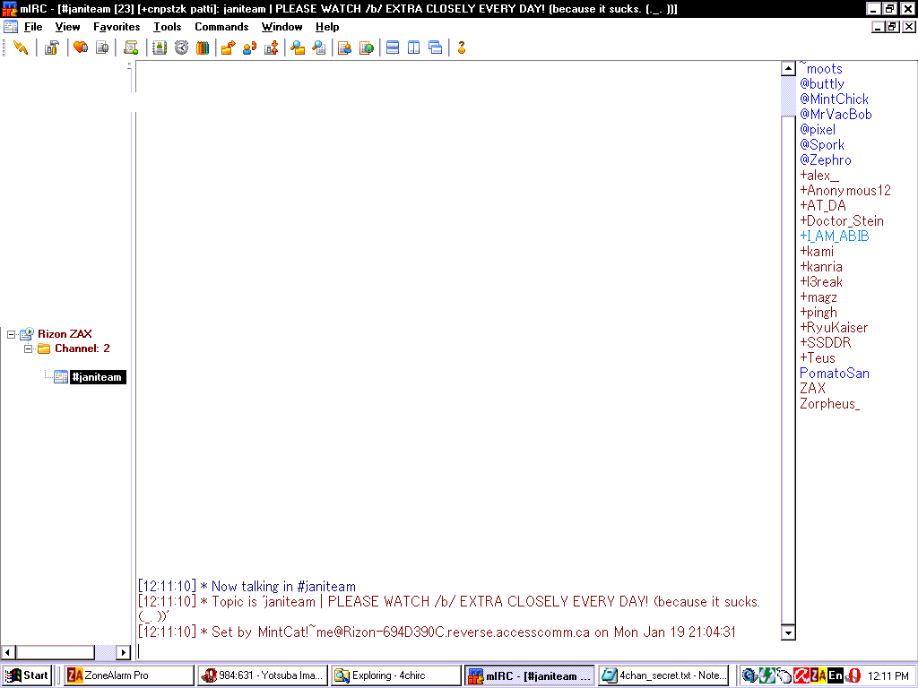 alt=4chan's "#janiteam" channel on Rizon | Janitor channel. Some of these motherfuckers are literally mods now
