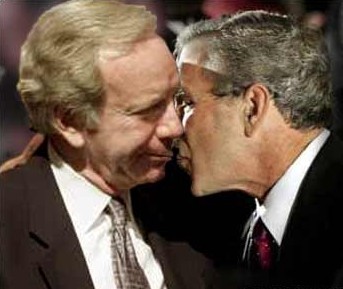 Sen. Leeberman (transl. Loverman) and President Bush share a tender moment.
