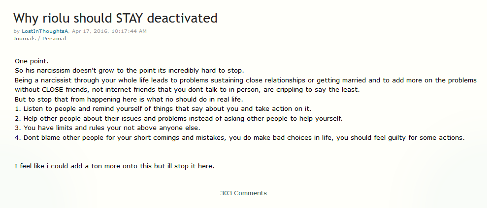LostInThoughtsA's infamous journal rant on BlueCatRiolu. Notice the number of comments on the journal.