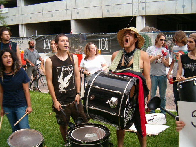 Self important hippies+loud noise making devices=PURE FAGGOTRY