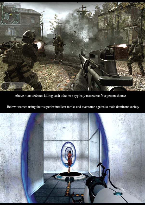 Above: A generic FPS. Below: women walk through wall vaginas. (Note, in the Half-Life universe, aliens dominate society)
