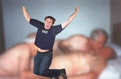 Tom, posing before his Senior Sex Slaves inside of the famed Sex Bungalow.